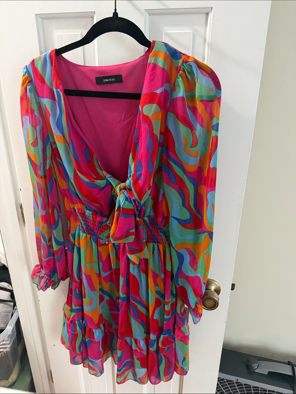 Vibrant Pink Multi-Color Tie-Front Tiered Dress